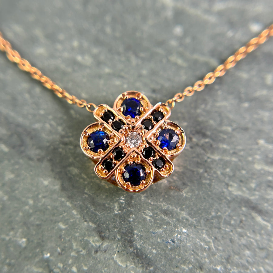 Rose Gold 4 Cross Sapphire and Diamond Necklace