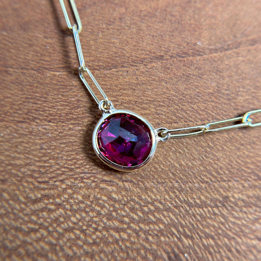 Vintage Cushion Cut Ruby on 14K Paperclip Chain