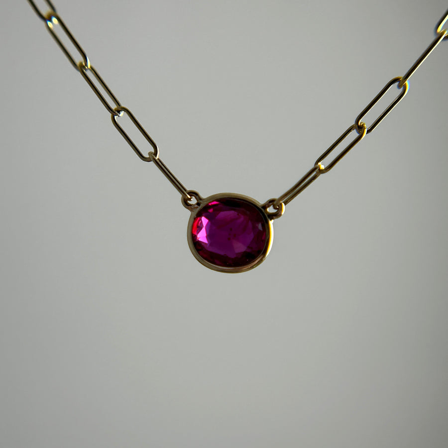 Vintage Cushion Cut Ruby on 14K Paperclip Chain