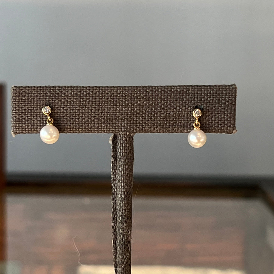 14k Diamond & Pearl Drop Stud Earrings