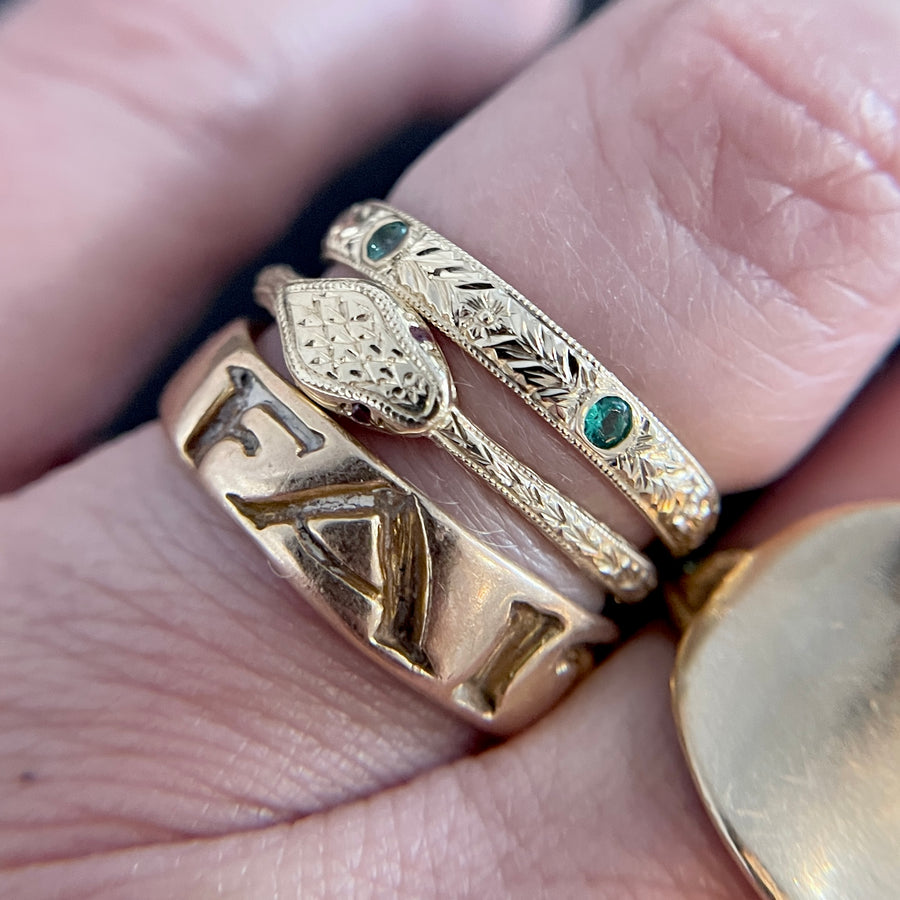 Hand Engraved Ring w Five Emeralds