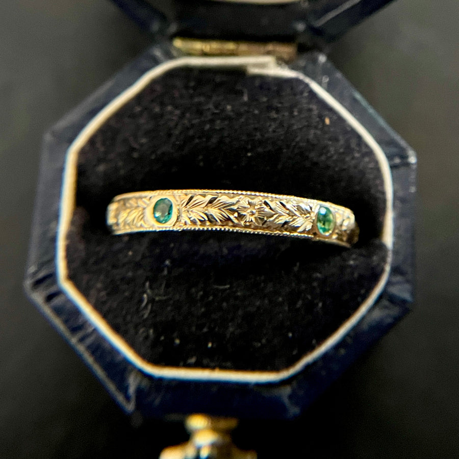 Hand Engraved Ring w Five Emeralds