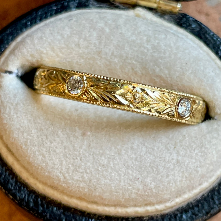 Hand Engraved Ring w Five Diamonds