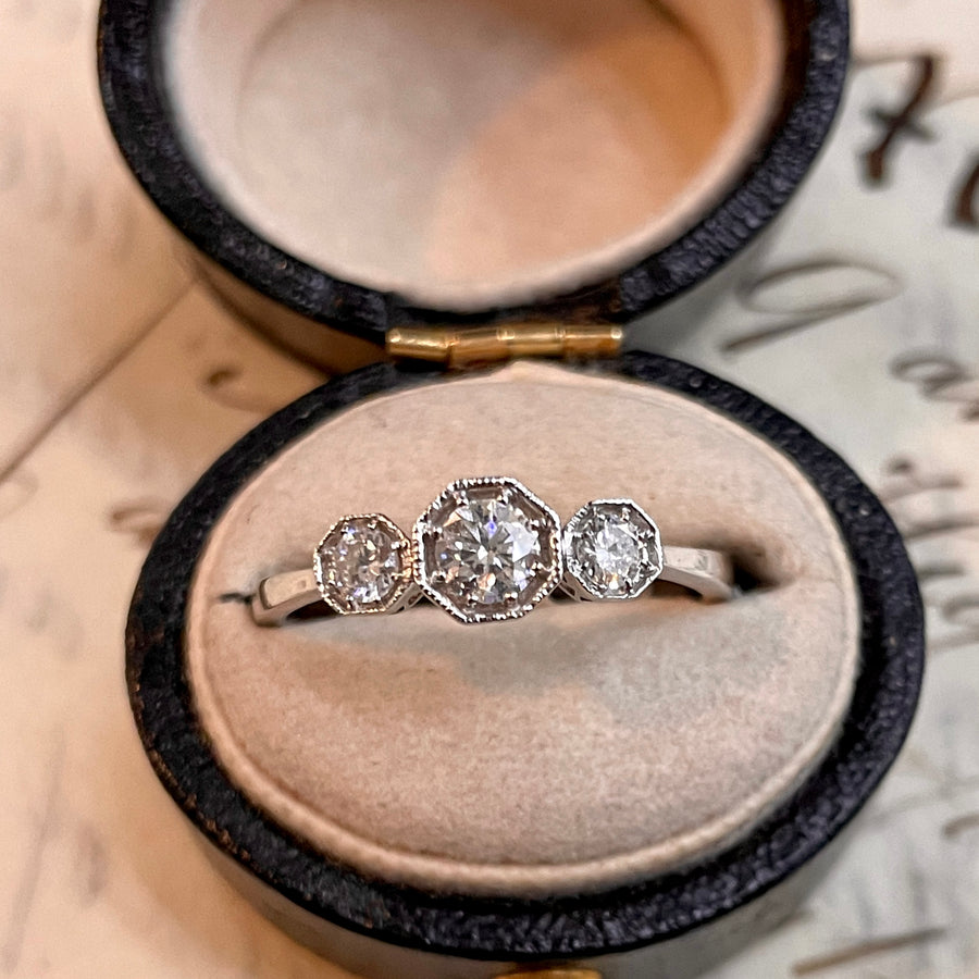 Octagonal Trio Ring w Vintage Diamonds