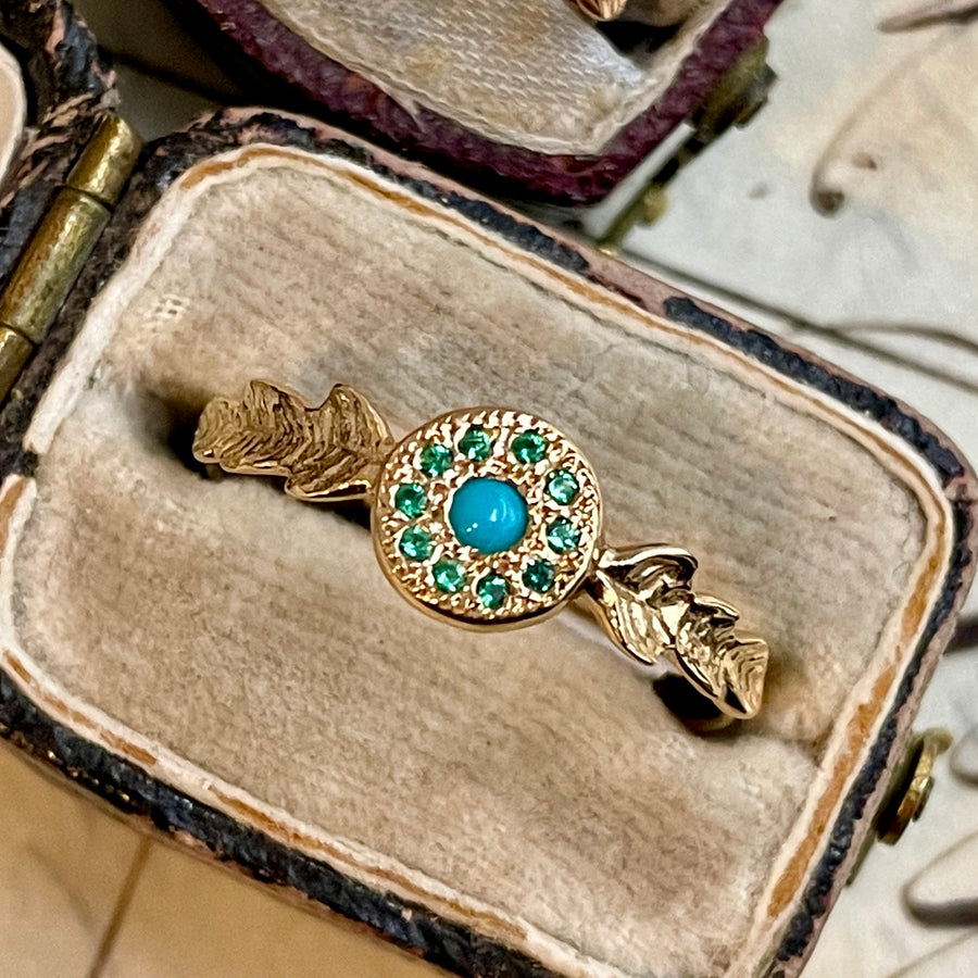 Two Leaf Turquoise & Emerald Ring