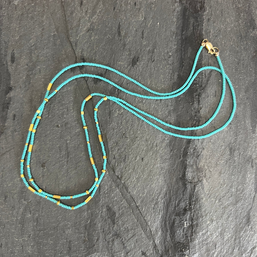 Turquoise and Gold Tone Beaded Necklace