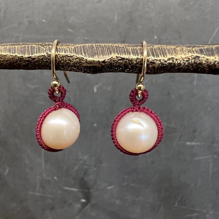 White Pearl Wine Silk Orbit Earrings