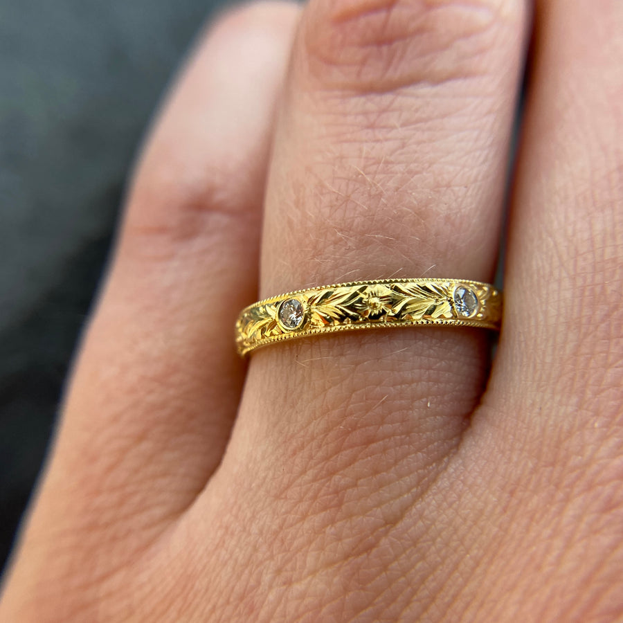 Hand Engraved Ring w Five Diamonds